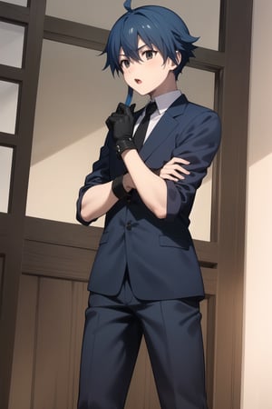 Highly detailed, High Quality, Masterpiece, beautiful,
BREAK 1boy, solo, (young man), (16 old), makoto itou, (blue hair:1.8), (black eyes), (short hair), male focus, serious look,
BREAK (black suit), gloves, Black pants,
BREAK looking_at_viewer :o, open_mouth, schooldays, focus waist,