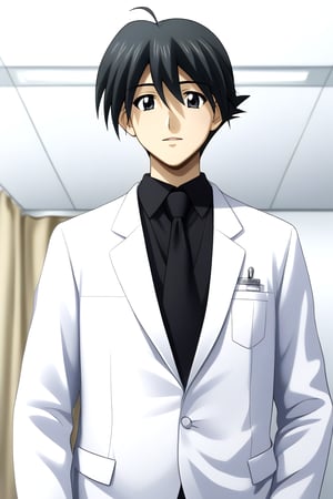 HD, 8k, highres, mantialiasing, Highly detailed, High Quality, masterpiece, beautiful, source_anime, 
BREAK 1boy, male focus, mature man, 30 years old, itou makoto, black hair, black eyes, short hair, 
BREAK Black shirt, doctor uniform, white coat, stethoscope
BREAK inside a hospital,
BREAK front view, standing, focus below, solo focus, looking_at_viewer