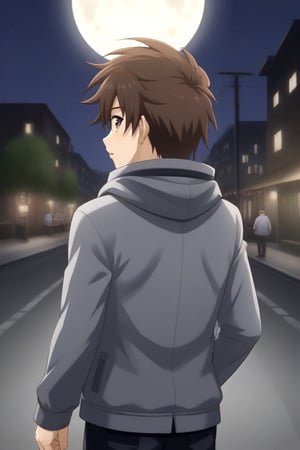 HD, 8k, highres, mantialiasing, Highly detailed, High Quality, masterpiece, beautiful, source_anime, 
BREAK 1boy, solo, (young man, male focus, 16 years old), Yae Karonji, male chest, ((facelees:1.5)), Brown hair, short hair, 
BREAK street, outdoors, night, moon, 
BREAK long sleeves, jacket, pants, hood, grey jacket, black pants, 
BREAK standing, dutch angle, cowboy shot, Upper body, back view, From behind, looking at the viewer, 