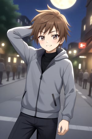 HD, 8k, highres, mantialiasing, Highly detailed, High Quality, masterpiece, beautiful, source_anime, 
BREAK 1boy, solo, (young man, male focus, 16 years old), Yae Karonji, male chest, grey eyes, Brown hair, short hair, 
BREAK street, outdoors, night, moon, 
BREAK long sleeves, jacket, pants, hood, grey jacket, black pants, 
BREAK standing, dutch angle, one arm on the waist, cowboy shot, Upper body, front view, head up, From behind, looking at the viewer, smug face