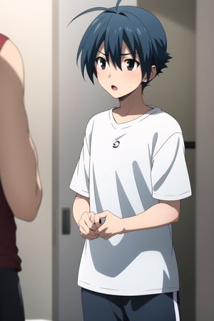 Highly detailed, High Quality, Masterpiece, beautiful,
BREAK 1boy, solo, (young man), (16 old), makoto itou, (blue hair:1.8), (black eyes), (short hair), male focus, serious look,
BREAK (sportswear:1.5),
BREAK looking_at_viewer :o, open_mouth, schooldays, focus waist,