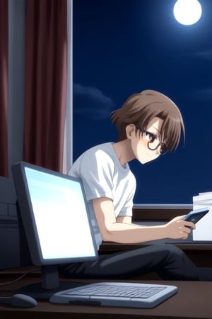 HD, 8k, highres, mantialiasing, Highly detailed, High Quality, masterpiece, beautiful, source_anime, 
BREAK inside the bedroom, desktop computer, table, curtain, Windows, night, dark environment, moon,
BREAK  1boy, solo, male focus, 16 years old, yuuki ashikaga, brown hair, brown eyes, short hair, glasses,
BREAK pants, white T-shirt,
BREAK looking SIDE, sitting on the chair, solo focus, From SIDE, nervous face, ((talking on phone :1.2)), boy looking at his computer,