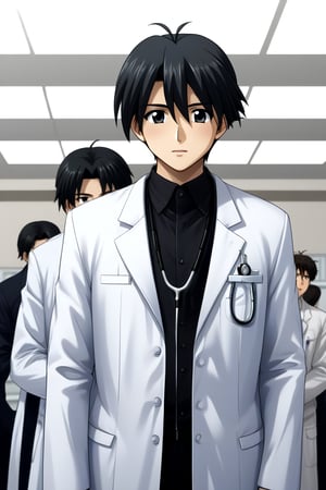 HD, 8k, highres, mantialiasing, Highly detailed, High Quality, masterpiece, beautiful, source_anime, 
BREAK 1boy, male focus, mature man, 30 years old, itou makoto, black hair, black eyes, short hair, 
BREAK Black shirt, doctor uniform, white coat, stethoscope
BREAK inside a hospital,
BREAK front view, standing, focus waist, solo focus,