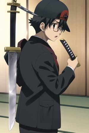 Highly detailed, High Quality, Masterpiece, beautiful,
BREAK 1boy, solo, (young man), (16 old), Makot, black hair, (black eyes:1.5), short hair,
BREAK school uniform, necktie, formal, suit, brown backpack on the back, (backwards cap), (glasses, baseball cap:1.5),  (samurai sword:1.8), black cap,
BREAK looking_at_viewer :o, open_mouth, schooldays, ,backwards cap