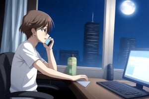 HD, 8k, highres, mantialiasing, Highly detailed, High Quality, masterpiece, beautiful, source_anime, 
BREAK inside the bedroom, desktop computer, table, curtain, Windows, night, dark environment, moon,
BREAK  1boy, solo, male focus, 16 years old, yuuki ashikaga, brown hair, brown eyes, short hair, glasses,
BREAK pants, white T-shirt,
BREAK looking SIDE, sitting on the chair, solo focus, From SIDE, nervous face, ((talking on phone :1.2)), boy looking at his computer,