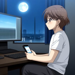 HD, 8k, highres, mantialiasing, Highly detailed, High Quality, masterpiece, beautiful, source_anime, 
BREAK inside the bedroom, desktop computer, table, curtain, Windows, night, dark environment, moon,
BREAK  1boy, solo, male focus, 16 years old, yuuki ashikaga, brown hair, brown eyes, short hair, glasses,
BREAK pants, white T-shirt,
BREAK looking SIDE, sitting on the chair, solo focus, From SIDE, nervous face, ((talking on phone:1.2)), boy looking at his computer,