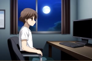 HD, 8k, highres, mantialiasing, Highly detailed, High Quality, masterpiece, beautiful, source_anime, 
BREAK inside the bedroom, desktop computer, table, curtain, Windows, night, dark environment, moon,
BREAK  1boy, solo, male focus, 16 years old, yuuki ashikaga, brown hair, brown eyes, short hair,   
BREAK pants, white T-shirt,
BREAK looking SIDE, sitting on the chair, solo focus, From SIDE, happy, phone,