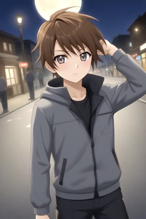 HD, 8k, highres, mantialiasing, Highly detailed, High Quality, masterpiece, beautiful, source_anime, 
BREAK 1boy, solo, (young man, male focus, 16 years old), Yae Karonji, male chest, grey eyes, Brown hair, short hair, 
BREAK street, outdoors, night, moon, 
BREAK long sleeves, jacket, pants, hood, grey jacket, black pants, 
BREAK standing, dutch angle, one arm on the waist, cowboy shot, Upper body, front view, head up, From behind, looking at the viewer, serious face