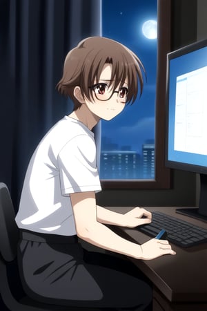 HD, 8k, highres, mantialiasing, Highly detailed, High Quality, masterpiece, beautiful, source_anime, 
BREAK inside the bedroom, desktop computer, table, curtain, Windows, night, dark environment, moon,
BREAK  1boy, solo, male focus, 16 years old, yuuki ashikaga, brown hair, brown eyes, short hair, glasses,
BREAK pants, white T-shirt,
BREAK looking SIDE, sitting on the chair, solo focus, From SIDE, nervous face, ((talking on phone )), boy looking at his computer,