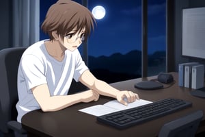 HD, 8k, highres, mantialiasing, Highly detailed, High Quality, masterpiece, beautiful, source_anime, 
BREAK inside the bedroom, desktop computer, table, curtain, Windows, night, dark environment, moon,
BREAK  1boy, solo, male focus, 16 years old, yuuki ashikaga, brown hair, brown eyes, short hair, glasses,
BREAK pants, white T-shirt,
BREAK looking SIDE, sitting on the chair, solo focus, From SIDE, nervous face, ((talking on phone )), boy looking at his computer,