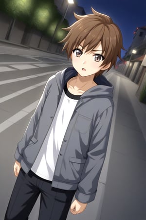 HD, 8k, highres, mantialiasing, Highly detailed, High Quality, masterpiece, beautiful, source_anime, 
BREAK 1boy, solo, (young man, male focus, 16 years old), (Yae Karonji:1.5), long hair, male chest, grey eyes, Brown hair, short hair, shirt, 
BREAK street, outdoors, night, 
BREAK long sleeves, jacket, full body, pants, hood, grey jacket, black pants, 
BREAK standing, dutch angle, looking_at_viewer, serious, Open mouth, one arm on the waist, cowboy shot, Upper body 
