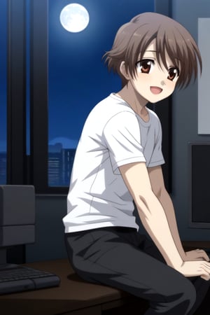 HD, 8k, highres, mantialiasing, Highly detailed, High Quality, masterpiece, beautiful, source_anime, 
BREAK inside the bedroom, desktop computer, table, curtain, Windows, night, dark environment, moon,
BREAK  1boy, solo, male focus, 16 years old, yuuki ashikaga, brown hair, brown eyes, short hair,   
BREAK pants, white T-shirt,
BREAK looking SIDE, sitting on the chair, solo focus, From SIDE, happy, phone,