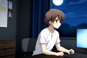 HD, 8k, highres, mantialiasing, Highly detailed, High Quality, masterpiece, beautiful, source_anime, 
BREAK inside the bedroom, desktop computer, table, curtain, Windows, night, dark environment, moon,
BREAK  1boy, solo, male focus, 16 years old, yuuki ashikaga, brown hair, brown eyes, short hair,   
BREAK pants, white T-shirt,
BREAK looking SIDE, sitting on the chair, solo focus, From SIDE, nervous face, talking on phone, boy looking at his computer,