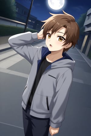 HD, 8k, highres, mantialiasing, Highly detailed, High Quality, masterpiece, beautiful, source_anime, 
BREAK 1boy, solo, (young man, male focus, 16 years old), (Yae Karonji:1.5), long hair, male chest, faceless, Brown hair, short hair, shirt, 
BREAK street, outdoors, night, moon,
BREAK long sleeves, jacket, full body, pants, hood, grey jacket, black pants, 
BREAK standing, dutch angle, looking_at_viewer, Open mouth, one arm on the waist, cowboy shot, Upper body, back view, head up,
