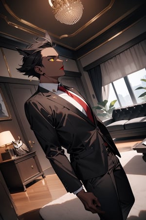 1boy, matue male, slim, short hair, owl ears, forehead, black jacket, red necktie, white shirt, black skinny pants, formal shoes, standing, outside, living room, indoor, [fisheye lens:: 3], masterpiece, best quality, absurdres, very aesthetic, newest, General