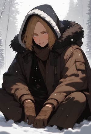 1boy, mature male, niji, blush, coat, fur trim, gloves, jacket, jewelry, long sleeves, looking at viewer, on ground, parted lips, pocket, sitting, wariza, sketch, snow, snowing, solo, v arms, winter, best quality, amazing quality, very aesthetic, absurdres, hires, beautiful face, perfect eyes, depth of field, score_9, score_8, score_7