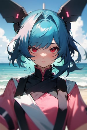 (masterpiece, best quality, ultra detailed), 1girl, medium hair, blue hair, red eyes, BREAK pink shirt, short sleeves, upper body, BREAK outside, sand, sea