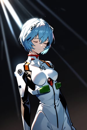 1girl, ayanami rei, neon genesis evangelion, plug-suit, standing, from fornt, emotionless, closed eyes, BREAK simple background, black background, light rays, masterpiece, best quality, absurdres
