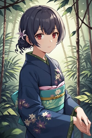 score_9, score_8_up, score_7_up, score_6_up, score_5_up, score_4_up, BREAK source_anime, 1girl, morino rinze, looking at viewer, single hair bun, hair flower, red eyes, blue kimono, floral print, long sleeves, outside, jungle, leaves