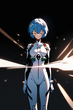 1girl, ayanami rei, neon genesis evangelion, plug-suit, standing, from fornt, emotionless, closed eyes, BREAK simple background, black background, light rays, masterpiece, best quality, absurdres
