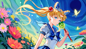 by vincent van gogh, 1 sailor moon, magical girl, waist-up shot, post-impressionism, magical theme, in a blooming garden, at sunrise, swirling background, casting a spell, determined, blonde hair, twin tails, blue eyes, radiant smile, wearing a sailor suit, tiara, holding a moon wand, flowers, sparkling dew, vibrant colors, textured, high definition, butterflies, stars, crescent moon


