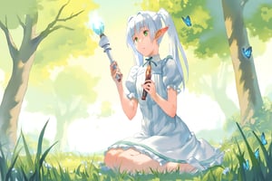 by makoto shinkai, 1 sakura kinomoto, elf, cowboy shot, watercolor, fantasy theme, in the forest, at day, gradient background, sitting on ground, expressionless, white hair, twintails, green eyes, parted lip, wearing a white dress, frills, holding a magic wand, grass, sunshine, beautiful color, detailed, best quality, birds, cloud, butterfly

