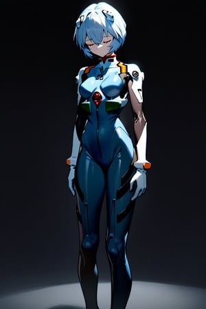 1girl, ayanami rei, neon genesis evangelion, plug-suit, standing, from fornt, emotionless, closed eyes, BREAK simple background, black background, masterpiece, best quality, absurdres
