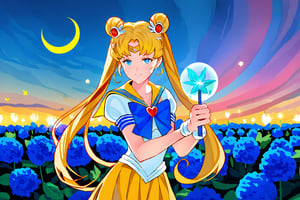 by vincent van gogh, 1 sailor moon, magical girl, waist-up shot, post-impressionism, magical theme, in a blooming garden, at sunrise, swirling background, casting a spell, determined, blonde hair, twin tails, blue eyes, radiant smile, wearing a sailor suit, tiara, holding a moon wand, flowers, sparkling dew, vibrant colors, textured, high definition, butterflies, stars, crescent moon


