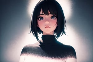 1girl, short hair, black hair, upper body, [3D:7], halftone, masterpiece, best quality, highres, newest, very aesthetic