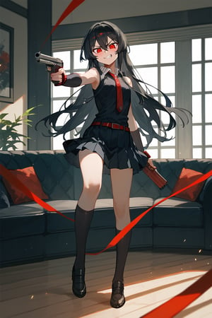 (score_9,score_8_up,score_7_up), wlop, 1girl, Akame, LONG HAIR, BLACK HAIR,BLACK DRESS, SLEEVELESS, PLEATED SKIRT,BLACK SHIRT, NECKTIE, RED BELT, standing, holding gun, aiming at viewer, handgun, living room, complex background
