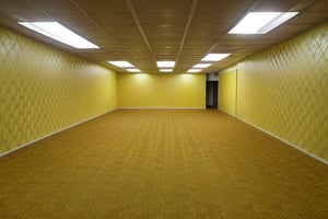(masterpiece, best quality, 4k),(RAW photo, photorealistic),(hdr), vhs filter, level-0, Tutorial Level,fluorescent lighting on ceiling, patterned walls, long corridoors,(indoors),strange architecture,(yellow walls,carpeted floors,), volumetric lighting, backroom, liminal space