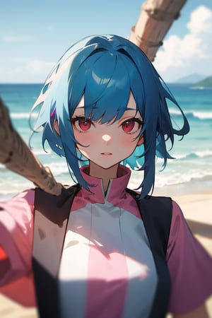 (masterpiece, best quality, ultra detailed), 1girl, short hair, blue hair, red eyes, BREAK pink shirt, short sleeves, upper body, BREAK outside, sand, sea