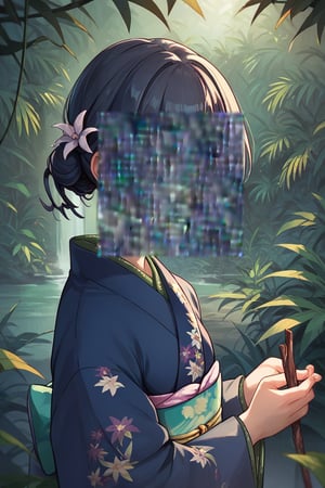 score_9, score_8_up, score_7_up, score_6_up, score_5_up, score_4_up, BREAK source_anime, 1girl, morino rinze, looking at viewer, single hair bun, hair flower, red eyes, blue kimono, floral print, long sleeves, outside, jungle, leaves