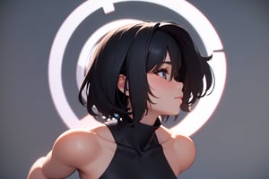 1girl, short hair, black hair, upper body, simple background, [3D:7], masterpiece, best quality, highres, newest, very aesthetic