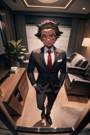 1boy, matue male, slim, short hair, owl ears, forehead, black jacket, red necktie, white shirt, black skinny pants, formal shoes, standing, outside, living room, indoor, [fisheye lens:: 3], masterpiece, best quality, absurdres, very aesthetic, newest, General