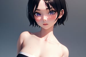 1girl, short hair, black hair, upper body, simple background, [3D:7], masterpiece, best quality, highres, newest, very aesthetic