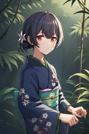 score_9, score_8_up, score_7_up, score_6_up, score_5_up, score_4_up, BREAK source_anime, 1girl, morino rinze, looking at viewer, single hair bun, hair flower, red eyes, blue kimono, floral print, long sleeves, outside, jungle, leaves