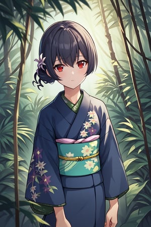 score_9, score_8_up, score_7_up, score_6_up, score_5_up, score_4_up, BREAK source_anime, 1girl, morino rinze, looking at viewer, single hair bun, hair flower, red eyes, blue kimono, floral print, long sleeves, outside, jungle, leaves