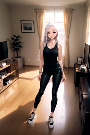 masterpiece, best quality, 1girl, mature female, forehead, white hair, straight hair, long hair, black tank top, brown skinny pants, sneaker, standing, living room, indoor, [fisheye lens:: 1]