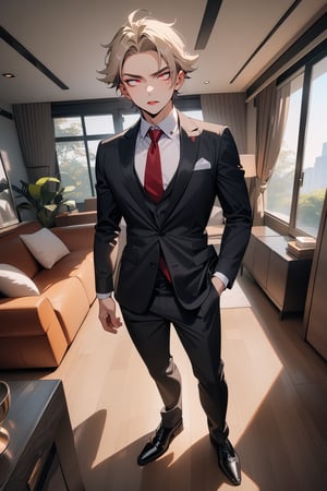 1boy, matue male, slim, short hair, blonde hair, flaps, forehead, black jacket, red necktie, white shirt, black skinny pants, formal shoes, standing, outside, living room, indoor, [fisheye lens:: 3], masterpiece, best quality, absurdres, very aesthetic, newest, General