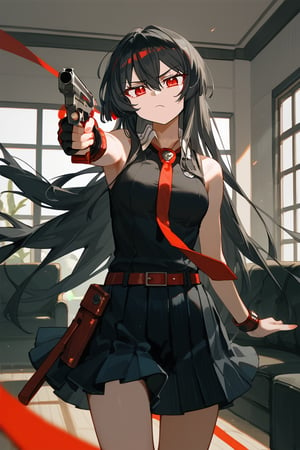 (score_9,score_8_up,score_7_up), wlop, 1girl, Akame, LONG HAIR, BLACK HAIR,BLACK DRESS, SLEEVELESS, PLEATED SKIRT,BLACK SHIRT, NECKTIE, RED BELT, standing, holding gun, aiming at viewer, handgun, living room, complex background
