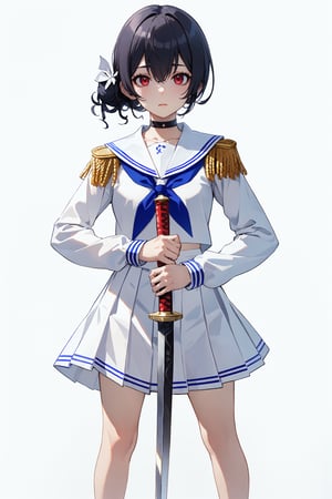 masterpiece, best quality, absurdres, 1girl, ggrinze, short hair, single hair bun, black choker, white serafuku, white sailor collar, blue neckerchief, epaulettes, white shirt, long sleeves, pleated skirt, white skirt, bare legs, standing, sword, metal reflections, simple background, realistic