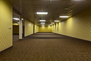 Masterpiece-quality, 4K RAW image of a photorealistic HDR scene. In a dimly lit, level-0 tutorial room, fluorescent lights hum above, casting an eerie glow on patterned walls and long corridors that seem to stretch into infinity. Yellow-walled backrooms create a liminal space, where carpeted floors whisper secrets beneath the hum of machinery. Capture the essence of this sterile environment with precise detail and photorealistic accuracy. backrooms, liminal space
