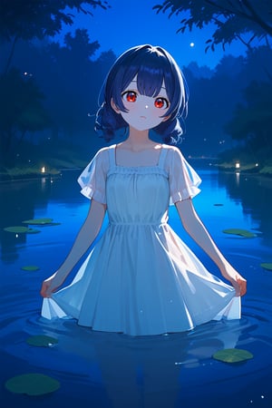 (score_9,score_8_up,score_7_up), morino rinze, 1girl, dark blue hair, medium hair, red eyes, face focus, dress, sundress, short sleeves, see-through sleeves, standing, outdoor, water, lake, trees, night, from front, partially submerged, chiaroscuro