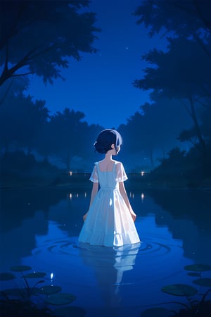 (score_9,score_8_up,score_7_up), morino rinze, 1girl, dark blue hair, single hair bun, dress, sundress, short sleeves, see-through sleeves, standing, outdoor, water, lake, trees, night, from front, Low key lighting, partially submerged, monochromatic