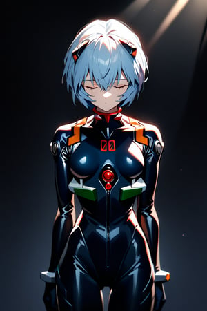 1girl, ayanami rei, neon genesis evangelion, plug-suit, standing, from fornt, emotionless, closed eyes, BREAK simple background, black background, light rays, masterpiece, best quality, absurdres
