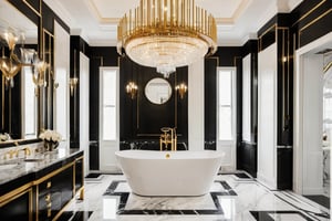 Luxurious art deco bathroom, gold fixtures, black and white marble, geometric patterns, chandelier, freestanding bathtub, high contrast lighting, ultra-detailed, cinematic atmosphere

