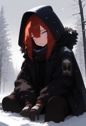 1girl, niji, blush, coat, fur trim, gloves, jacket, jewelry, long sleeves, looking at viewer, on ground, parted lips, pocket, sitting, wariza, sketch, snow, snowing, solo, v arms, winter, best quality, amazing quality, very aesthetic, absurdres, hires, beautiful face, perfect eyes, depth of field, score_9, score_8, score_7