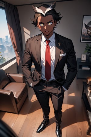 1boy, matue male, slim, owl hat, forehead, black jacket, red necktie, white shirt, black skinny pants, formal shoes, standing, outside, living room, indoor, [fisheye lens:: 3], masterpiece, best quality, absurdres, very aesthetic, newest, General