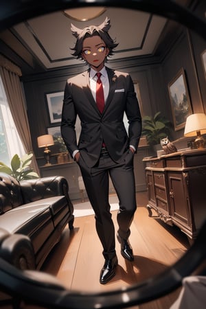 1boy, matue male, slim, [bald : owl hat: 3], forehead, black jacket, red necktie, white shirt, black skinny pants, formal shoes, standing, outside, living room, indoor, [fisheye lens:: 3], masterpiece, best quality, absurdres, very aesthetic, newest, General